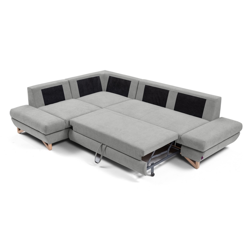 Rozkładana narożna tapicerowana sofa z pojemnikiem na pościel w kształcie litery L AVESTA lewa szara