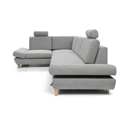 Rozkładana narożna tapicerowana sofa z pojemnikiem na pościel w kształcie litery L AVESTA lewa szara