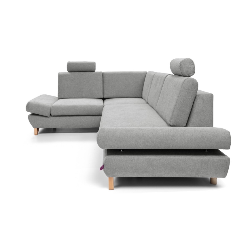 Rozkładana narożna tapicerowana sofa z pojemnikiem na pościel w kształcie litery L AVESTA lewa szara