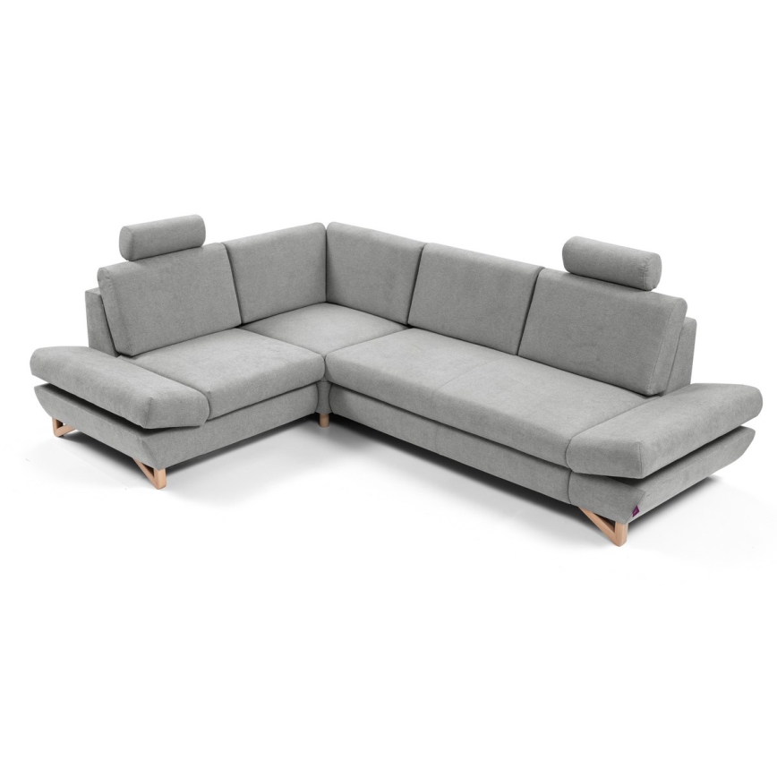 Rozkładana narożna tapicerowana sofa z pojemnikiem na pościel w kształcie litery L AVESTA lewa szara
