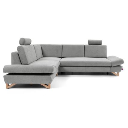 Rozkładana narożna tapicerowana sofa z pojemnikiem na pościel w kształcie litery L AVESTA lewa szara
