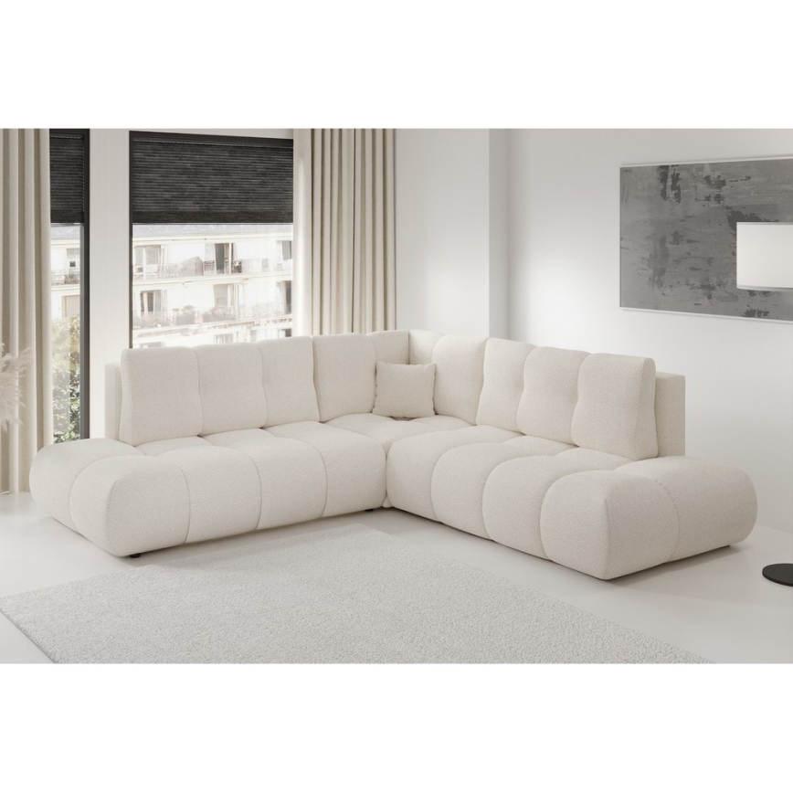 Narożnik rozkładany tapicerowany ALMADA z pojemnikiem, w kształcie litery L, prawostronny, beżowy