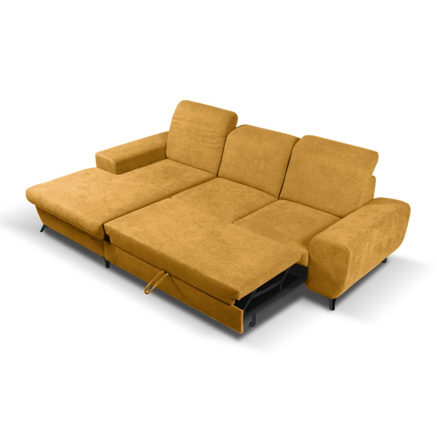 Rozkładana narożna sofa tapicerowana ALTA z pojemnikiem, lewy układ, żółta