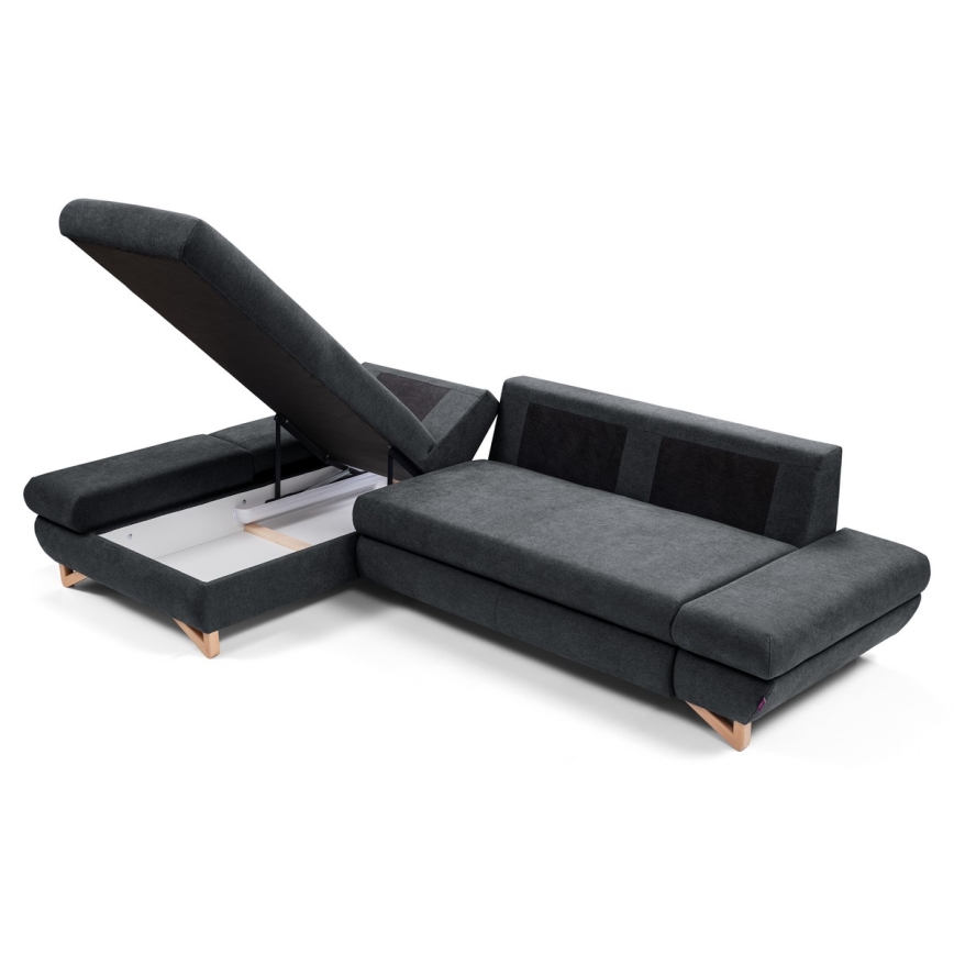 Rozkładana narożna sofa tapicerowana AVESTA w układzie L z pojemnikiem, lewa, antracyt