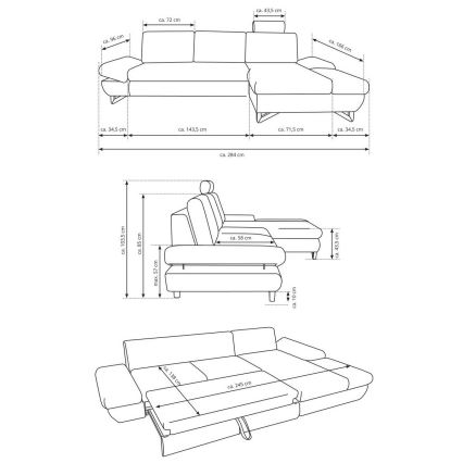 Rozkładana narożna sofa tapicerowana AVESTA w układzie L z pojemnikiem, lewa, antracyt