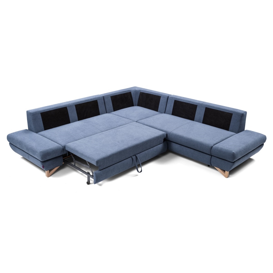 Rozkładany narożnik tapicerowany AVESTA w układzie L z pojemnikiem na pościel — prawostronny, niebieski