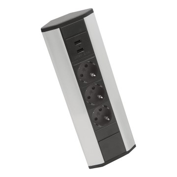 Narożny słupek gniazdkowy 3x230V + 2xUSB-A czarny/srebrny