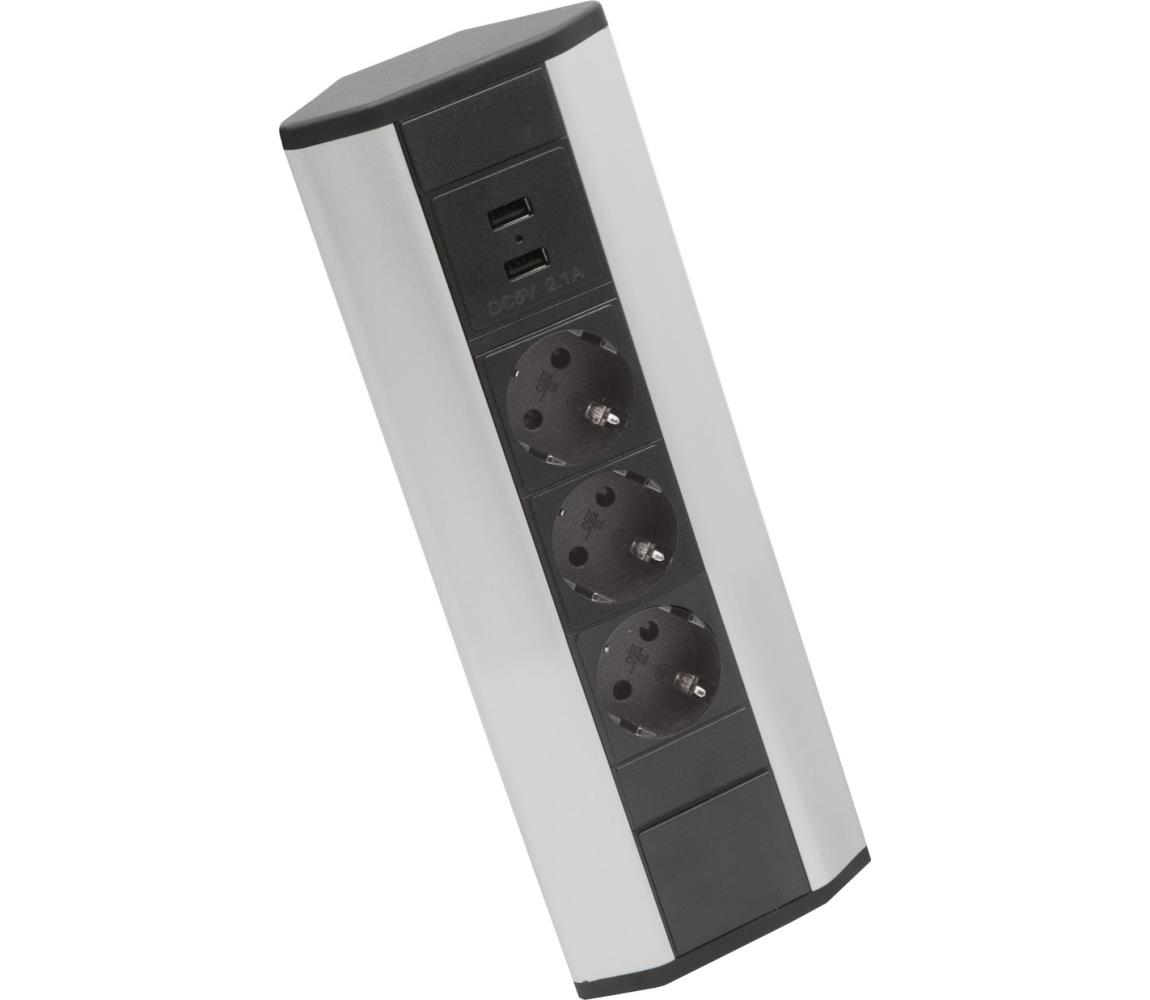 Narożny słupek gniazdkowy 3x230V + 2xUSB-A czarny/srebrny