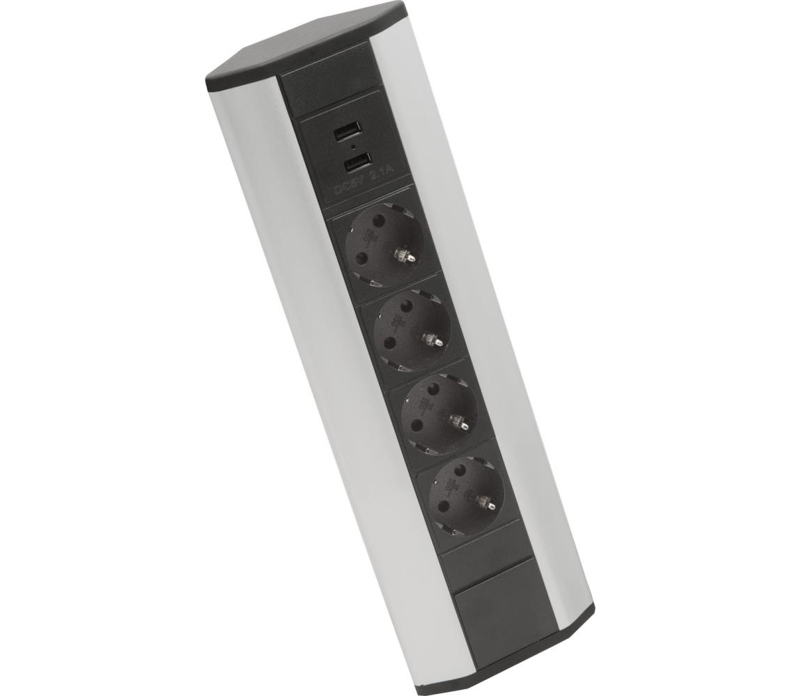 Narożny słupek z gniazdami 4x230V + 2xUSB-A, czarny/srebrny