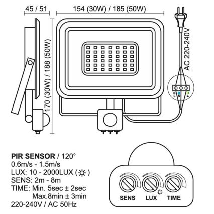 Naświetlacz zewnętrzny LED z czujnikiem LED/50W/230V 4000K IP44 czarny