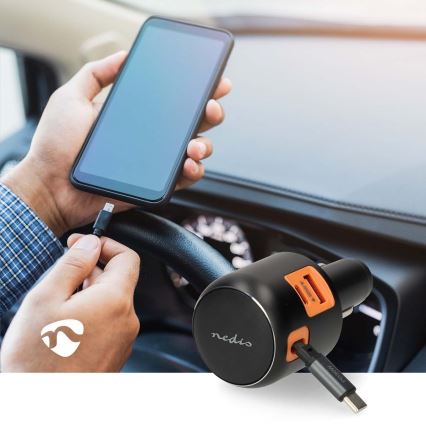 Ładowarka samochodowa z chowanym kablem Power Delivery 30W 2xUSB-C + 1xUSB-A