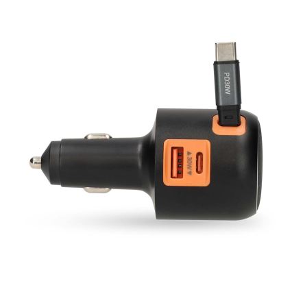 Ładowarka samochodowa z chowanym kablem Power Delivery 30W 2xUSB-C + 1xUSB-A