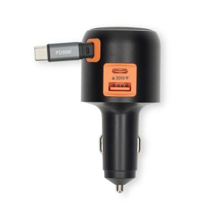 Ładowarka samochodowa z chowanym kablem Power Delivery 30W 2xUSB-C + 1xUSB-A