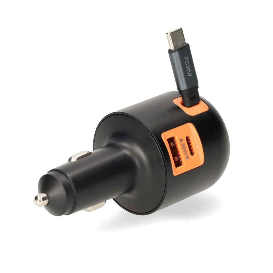 Ładowarka samochodowa z chowanym kablem Power Delivery 30W 2xUSB-C + 1xUSB-A