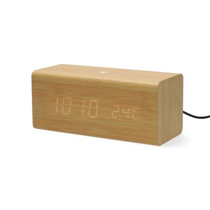 Cyfrowy budzik z wyświetlaczem LED i termometrem 5V/1xCR2032, drewniany
