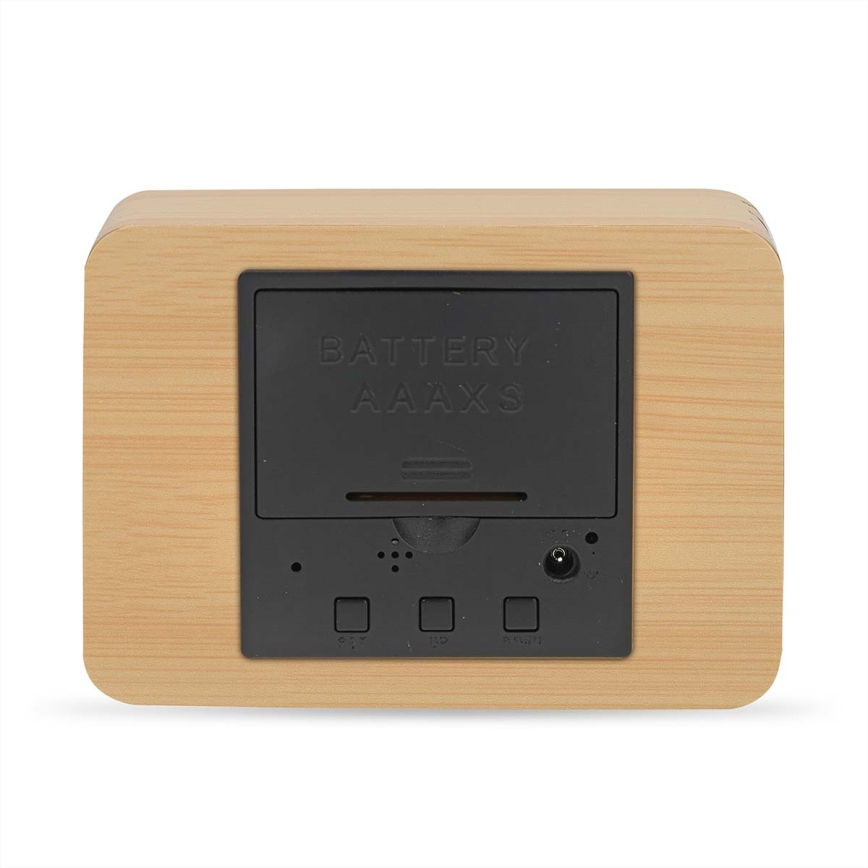 Cyfrowy budzik z wyświetlaczem LED i termometrem, zasilanie 5V/3xAAA, obudowa drewniana