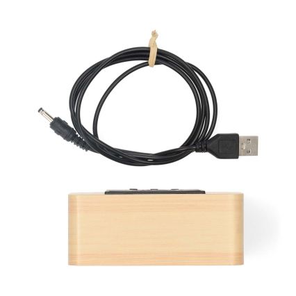 Cyfrowy budzik z wyświetlaczem LED i termometrem, zasilanie 5V/3xAAA, obudowa drewniana