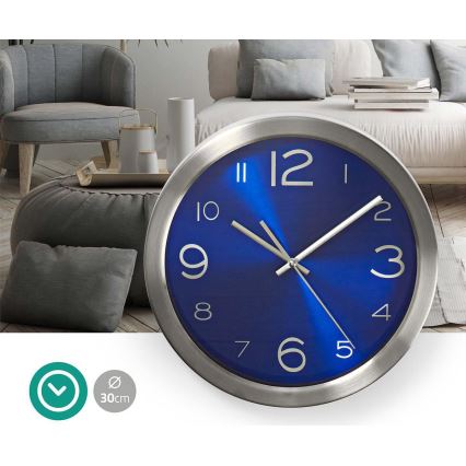Zegar ścienny 1xAA/1,5V stal nierdzewna 30 cm niebieski