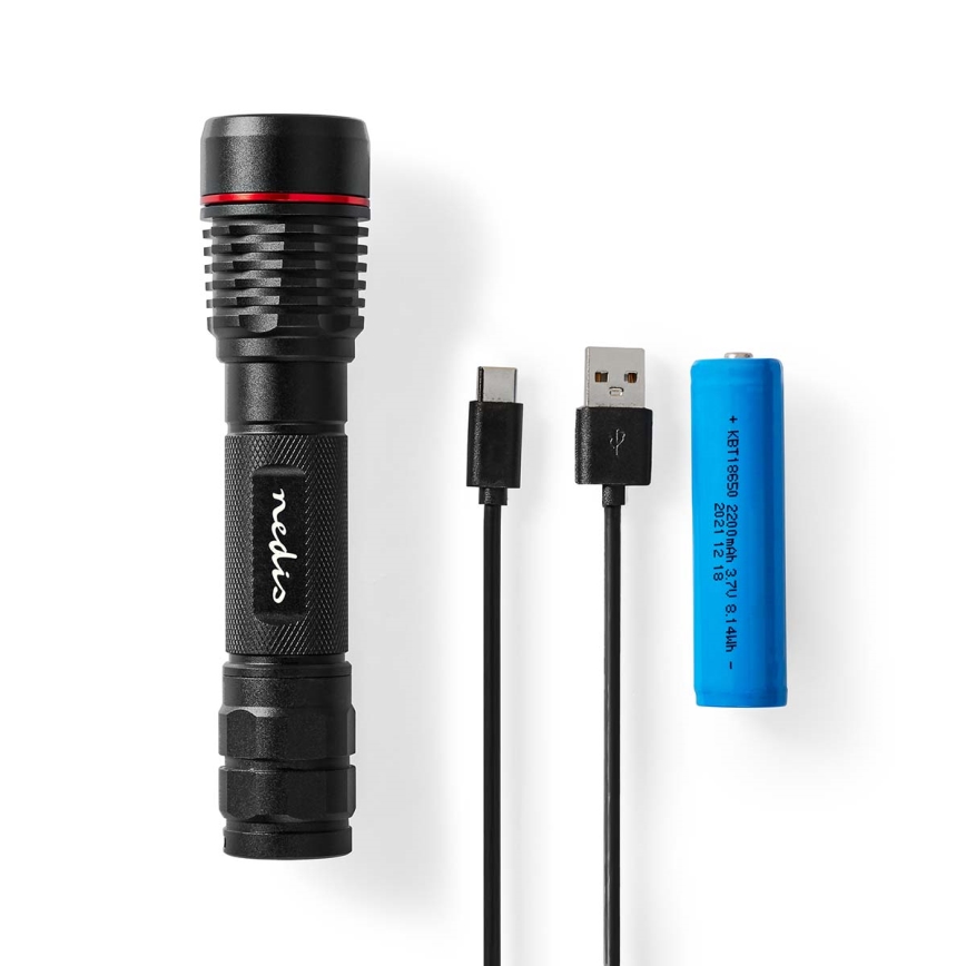 Aluminiowa ładowalna latarka LED z regulacją jasności, 10W/5V, 2200 mAh, IPX7, czarna