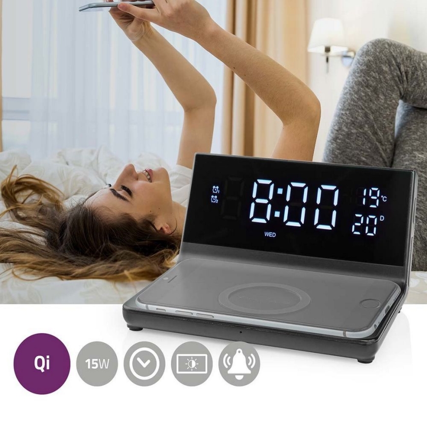 Budzik z wyświetlaczem LCD i bezprzewodową ładowarką 15W/5V + 1xCR2032 czarny