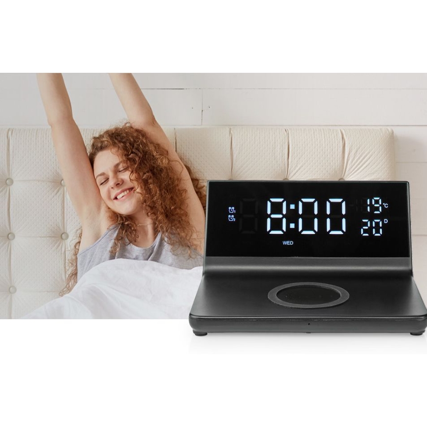 Budzik z wyświetlaczem LCD i bezprzewodową ładowarką 15W/5V + 1xCR2032 czarny