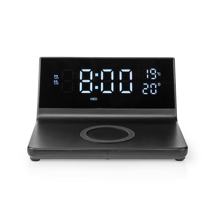 Budzik z wyświetlaczem LCD i bezprzewodową ładowarką 15W/5V + 1xCR2032 czarny