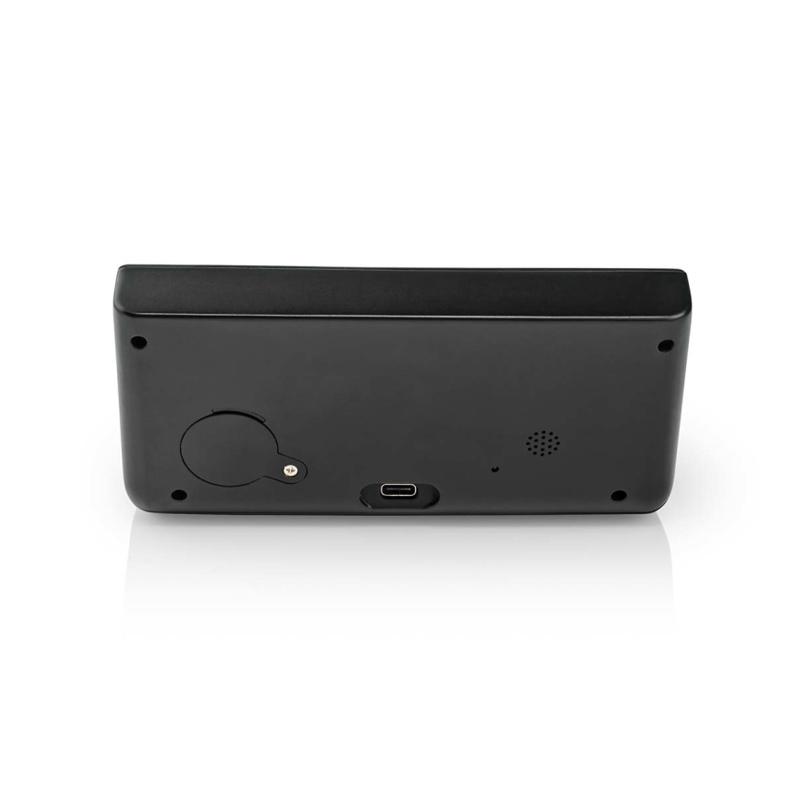 Budzik z wyświetlaczem LCD i bezprzewodową ładowarką 15W/5V + 1xCR2032 czarny