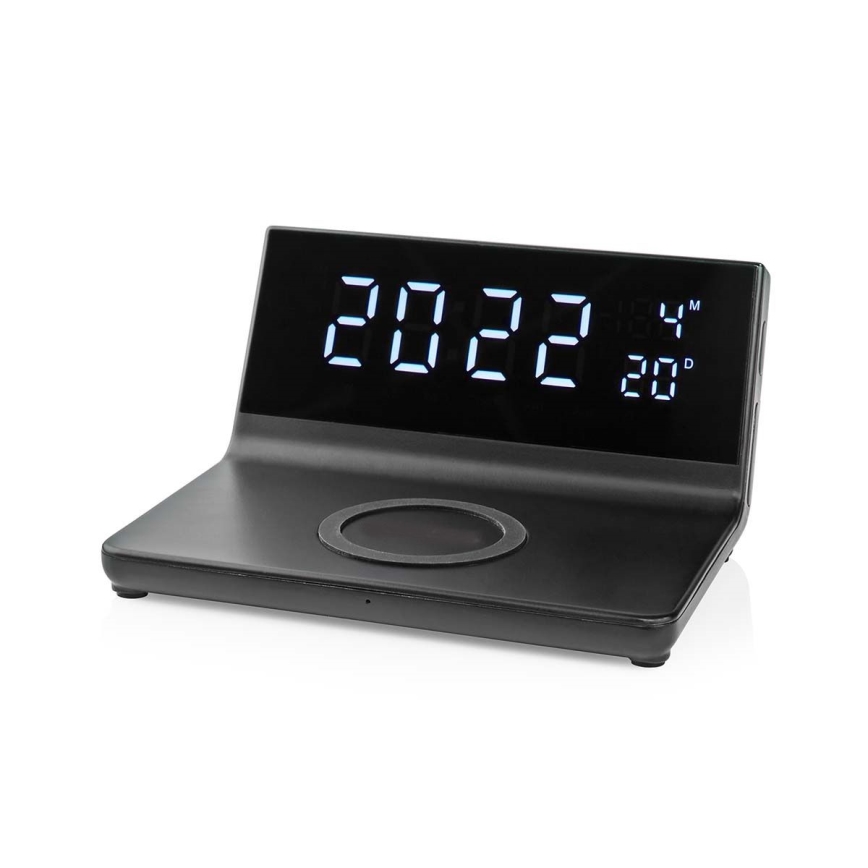 Budzik z wyświetlaczem LCD i bezprzewodową ładowarką 15W/5V + 1xCR2032 czarny
