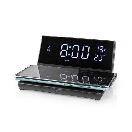 Budzik z wyświetlaczem LCD i bezprzewodową ładowarką 15W/5V + 1xCR2032 czarny
