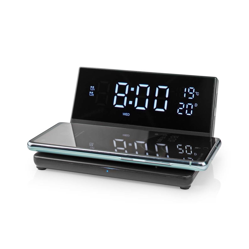 Budzik z wyświetlaczem LCD i bezprzewodową ładowarką 15W/5V + 1xCR2032 czarny