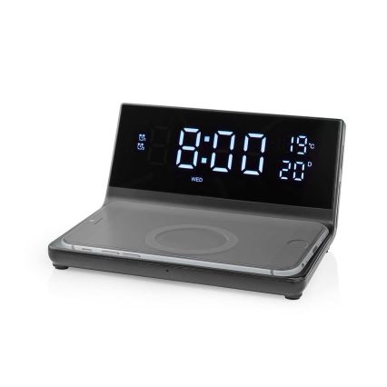 Budzik z wyświetlaczem LCD i bezprzewodową ładowarką 15W/5V + 1xCR2032 czarny