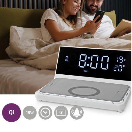 Budzik z wyświetlaczem LCD i bezprzewodową ładowarką 15W/230V + 1xCR2032 biały