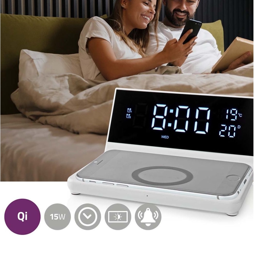 Budzik z wyświetlaczem LCD i bezprzewodową ładowarką 15W/230V + 1xCR2032 biały