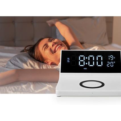 Budzik z wyświetlaczem LCD i bezprzewodową ładowarką 15W/230V + 1xCR2032 biały