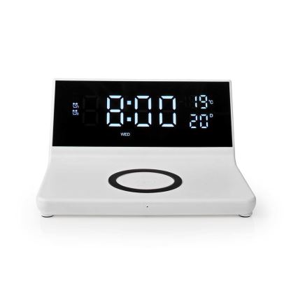 Budzik z wyświetlaczem LCD i bezprzewodową ładowarką 15W/230V + 1xCR2032 biały