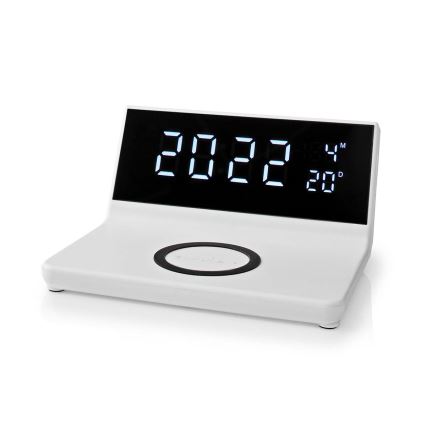 Budzik z wyświetlaczem LCD i bezprzewodową ładowarką 15W/230V + 1xCR2032 biały