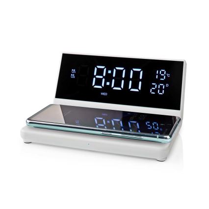 Budzik z wyświetlaczem LCD i bezprzewodową ładowarką 15W/230V + 1xCR2032 biały
