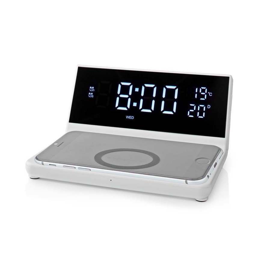 Budzik z wyświetlaczem LCD i bezprzewodową ładowarką 15W/230V + 1xCR2032 biały