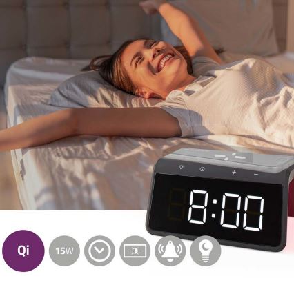 Budzik z wyświetlaczem LCD i bezprzewodową ładowarką 15W/230V 1x CR2032 czarny