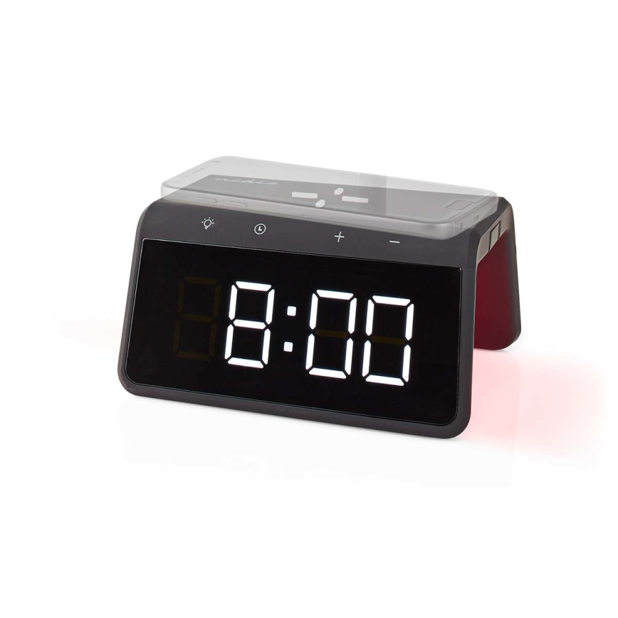 Budzik z wyświetlaczem LCD i bezprzewodową ładowarką 15W/230V 1x CR2032 czarny