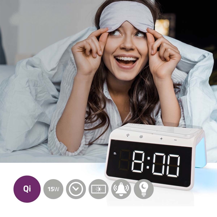 Budzik z wyświetlaczem LCD i bezprzewodową ładowarką 15W/230V 1x CR2032 biały