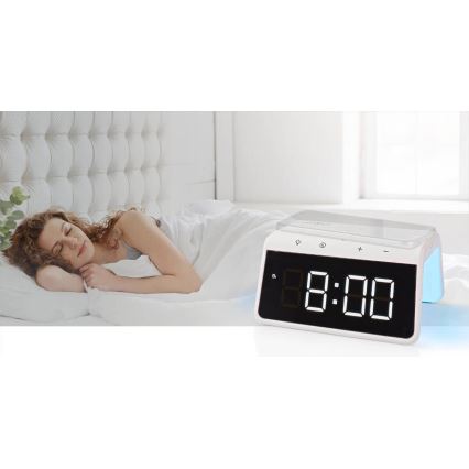 Budzik z wyświetlaczem LCD i bezprzewodową ładowarką 15W/230V 1x CR2032 biały
