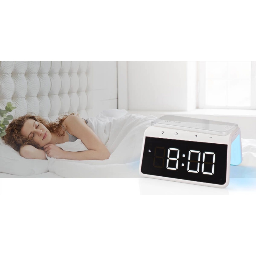 Budzik z wyświetlaczem LCD i bezprzewodową ładowarką 15W/230V 1x CR2032 biały