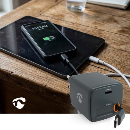 Ładowarka z chowanym kablem, Power Delivery 30 W, 2x USB-C, czarna