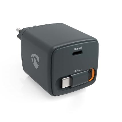 Ładowarka z chowanym kablem, Power Delivery 30 W, 2x USB-C, czarna