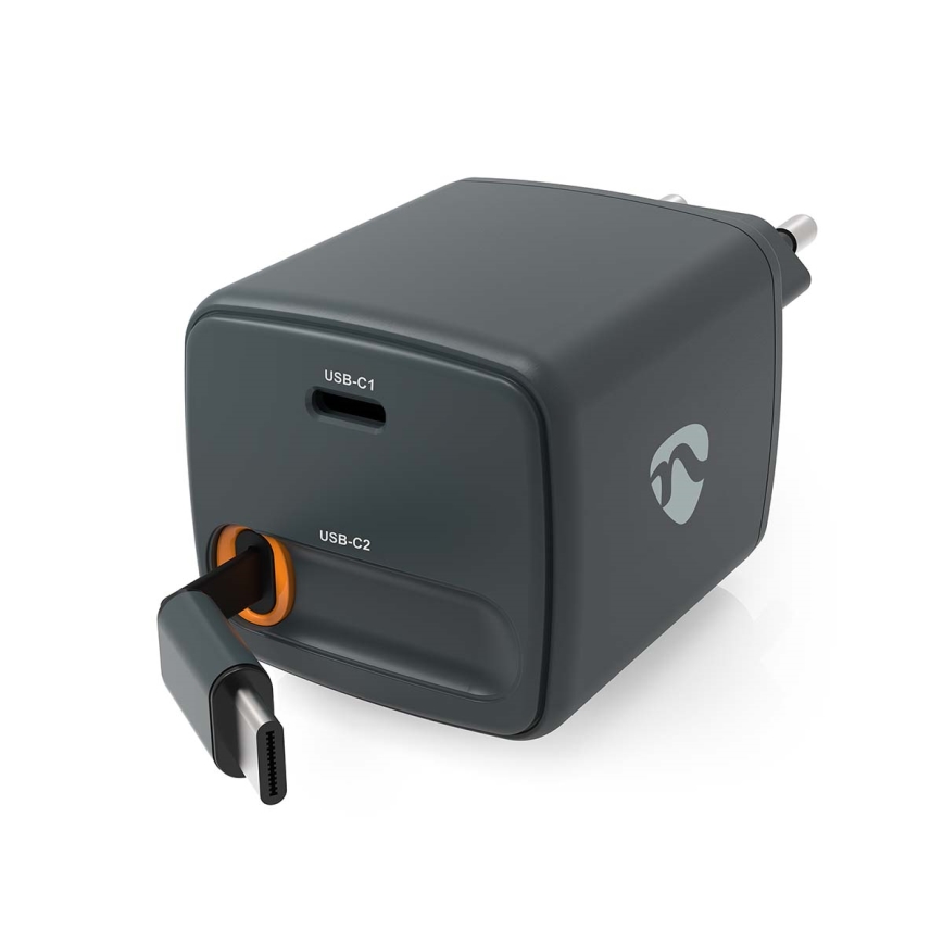 Ładowarka z chowanym kablem, Power Delivery 30 W, 2x USB-C, czarna
