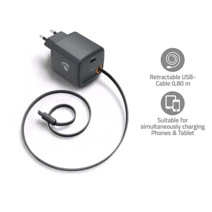 Ładowarka z chowanym kablem, Power Delivery 30 W, 2x USB-C, czarna