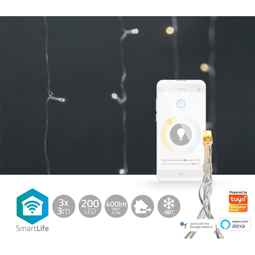 LED Kurtyna bożonarodzeniowa 200xLED/11 funkcji 6m IP65 Wi-Fi Tuya ziemła i zimna biel