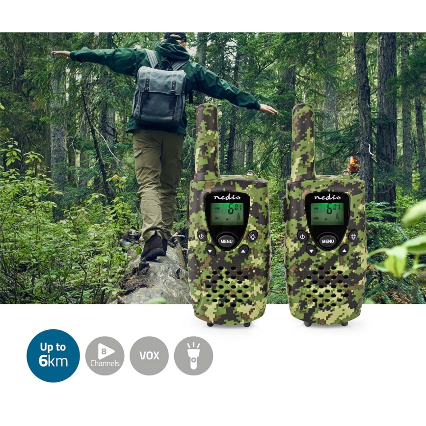 ZESTAW 2x Walkie-talkie ze światłem LED 3xAAA zasięg 8 km kamuflaż