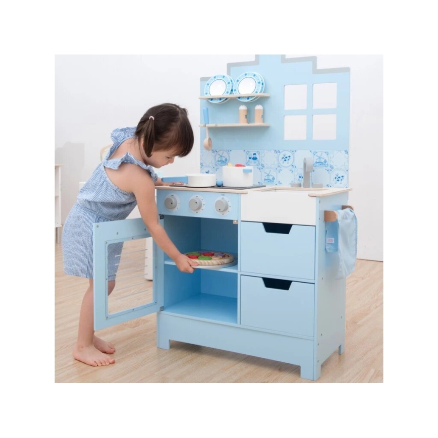 New Classic Toys - Drewniana kuchnia z akcesoriami niebieska